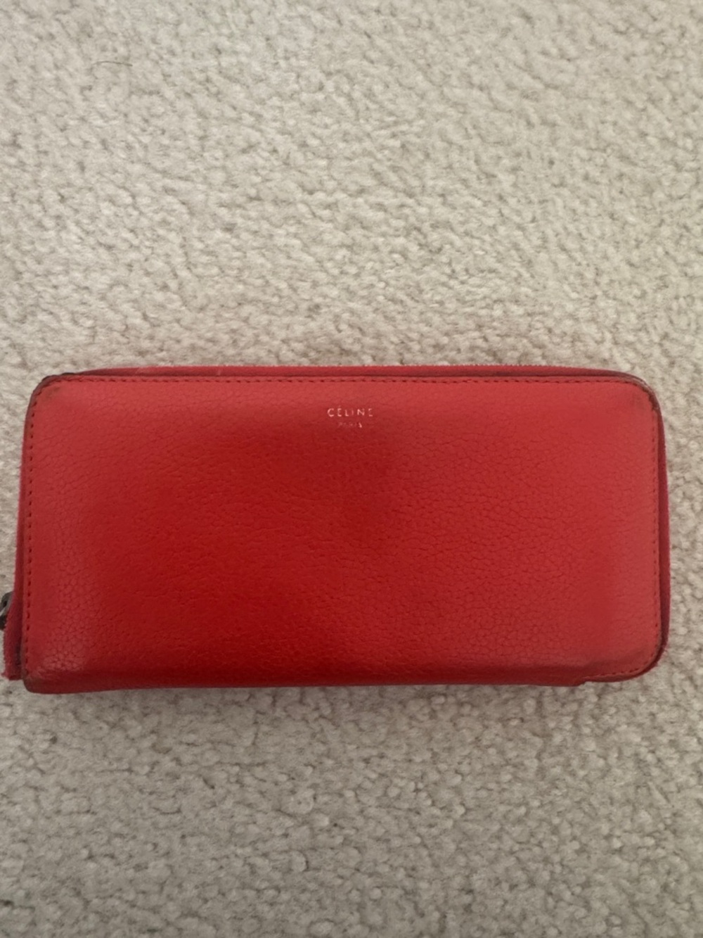 CELINE Red Leather Zip Wallet with Gold Logo